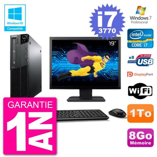 Lenovo M82 SFF PC - 19" Screen, i7-3770, 8GB RAM, 1TB HDD, DVD Drive, Wifi
