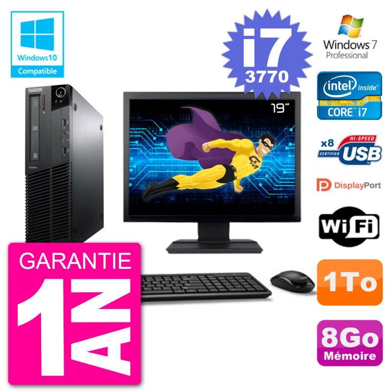 Lenovo M82 SFF PC - 19" Screen, i7-3770, 8GB RAM, 1TB HDD, DVD Drive, Wifi