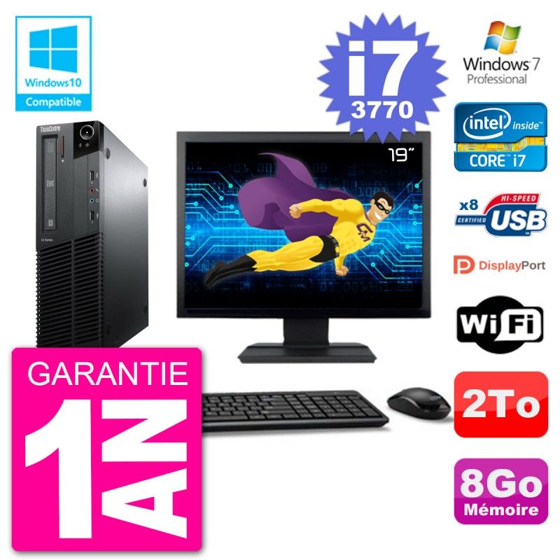 Lenovo M82 SFF Desktop PC - 19" Screen, i7-3770, 8GB RAM, 2TB Hard Drive, DVD Drive, Wifi, Windows 7 Pro