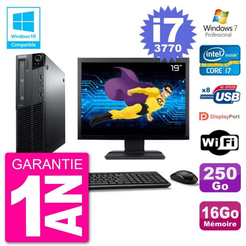 Lenovo M82 SFF Desktop Computer - 19" Screen, i7-3770, 16GB RAM, 250GB HDD, DVD Drive, Wifi