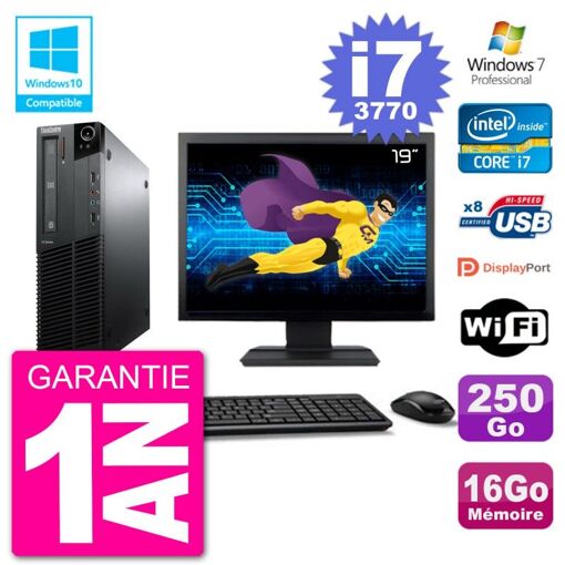 Lenovo M82 SFF Desktop Computer - 19" Screen, i7-3770, 16GB RAM, 250GB HDD, DVD Drive, Wifi