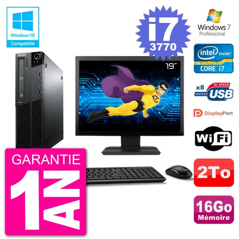 Lenovo M82 SFF Desktop Computer - 19" Screen, i7-3770, 16GB RAM, 2TB HDD, DVD Drive, WiFi, Windows 7 Pro