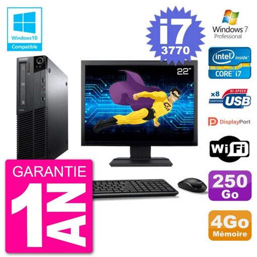 Lenovo M82 SFF Desktop Computer - 22" Screen, i7-3770, 4GB RAM, 250GB HDD, DVD Drive, WiFi, Windows 7 Pro