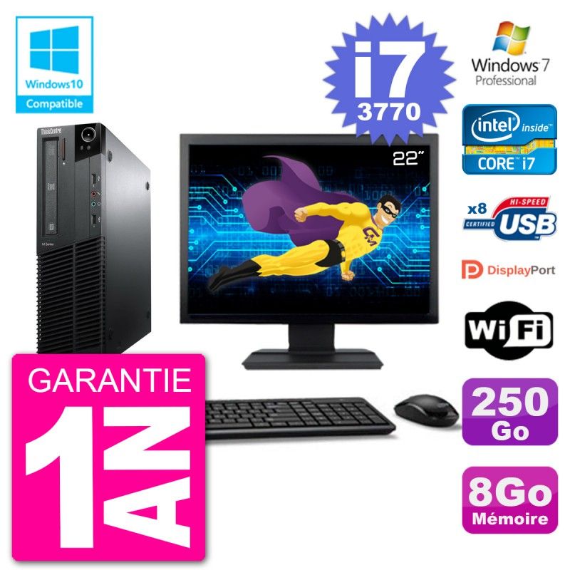 Lenovo M82 SFF Desktop PC - 22" Screen, i7-3770, 8GB RAM, 250GB HDD, DVD Drive, WiFi, Windows 7 Pro