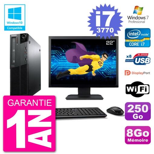Lenovo M82 SFF Desktop PC - 22" Screen, i7-3770, 8GB RAM, 250GB HDD, DVD Drive, WiFi, Windows 7 Pro