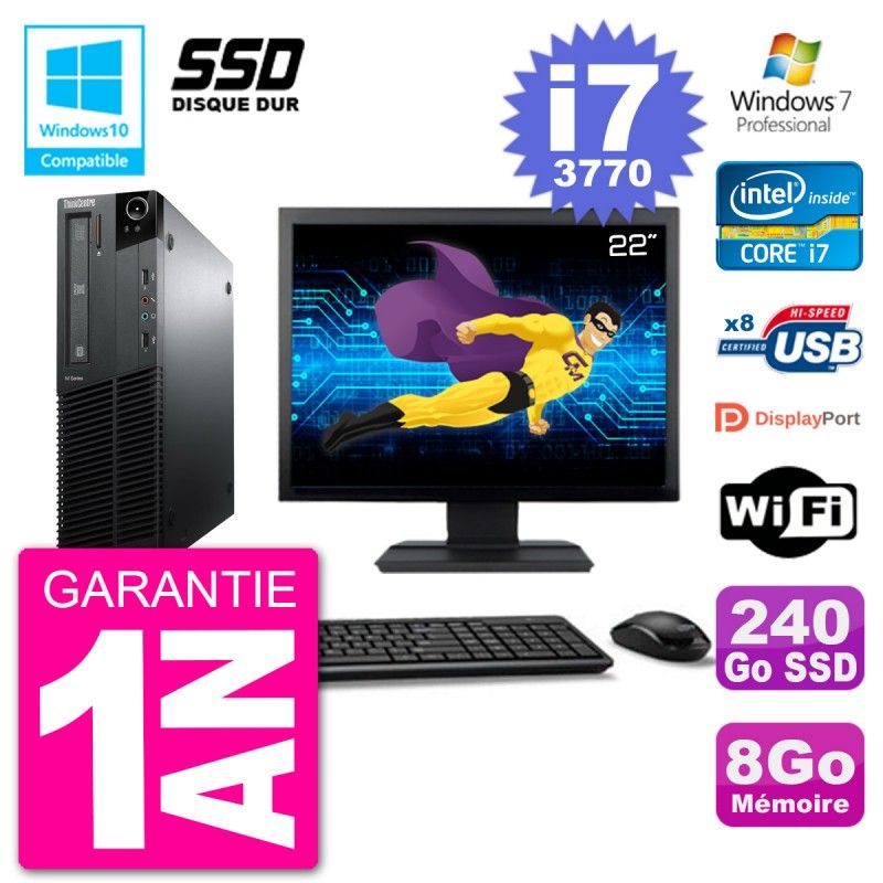 Lenovo M82 SFF Desktop Computer - 22" Screen, i7-3770, 8GB RAM, 240GB SSD, DVD Burner, Wifi