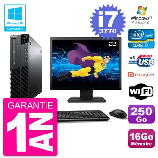 Lenovo M82 SFF Desktop Computer - 22" Screen, i7-3770, 16GB RAM, 250GB HDD, DVD Drive, WiFi, Windows 7 Pro