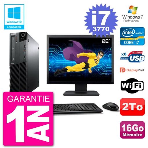 Lenovo M82 SFF Computer - 22" Screen, i7-3770, 16GB RAM, 2TB HDD, DVD Drive, Wifi, Windows 7 Pro