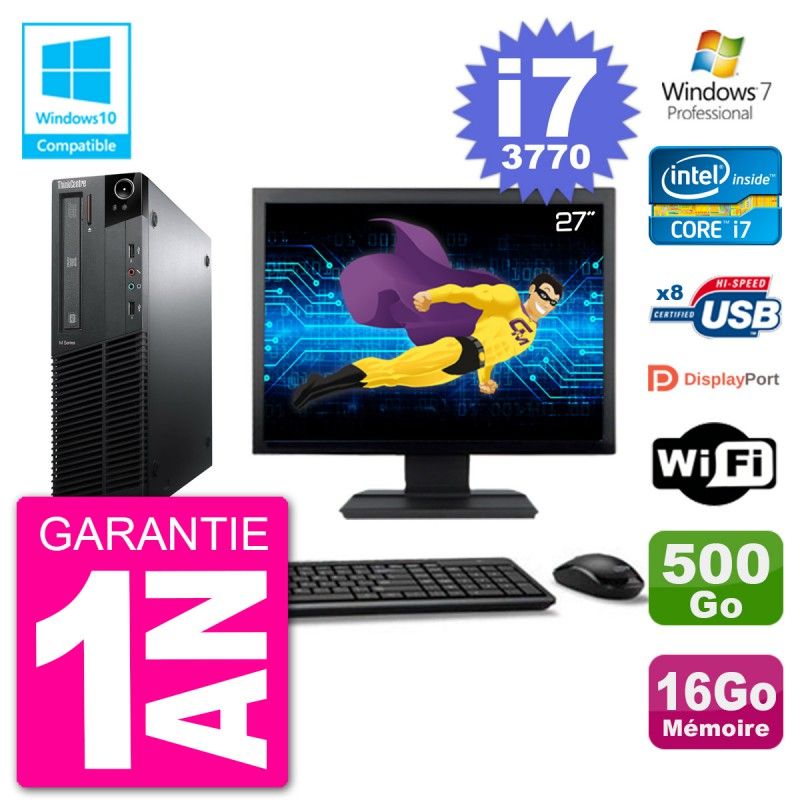 Lenovo M82 SFF Desktop Computer - 27" Screen, i7-3770, 16GB RAM, 500GB HDD, DVD Drive, WiFi