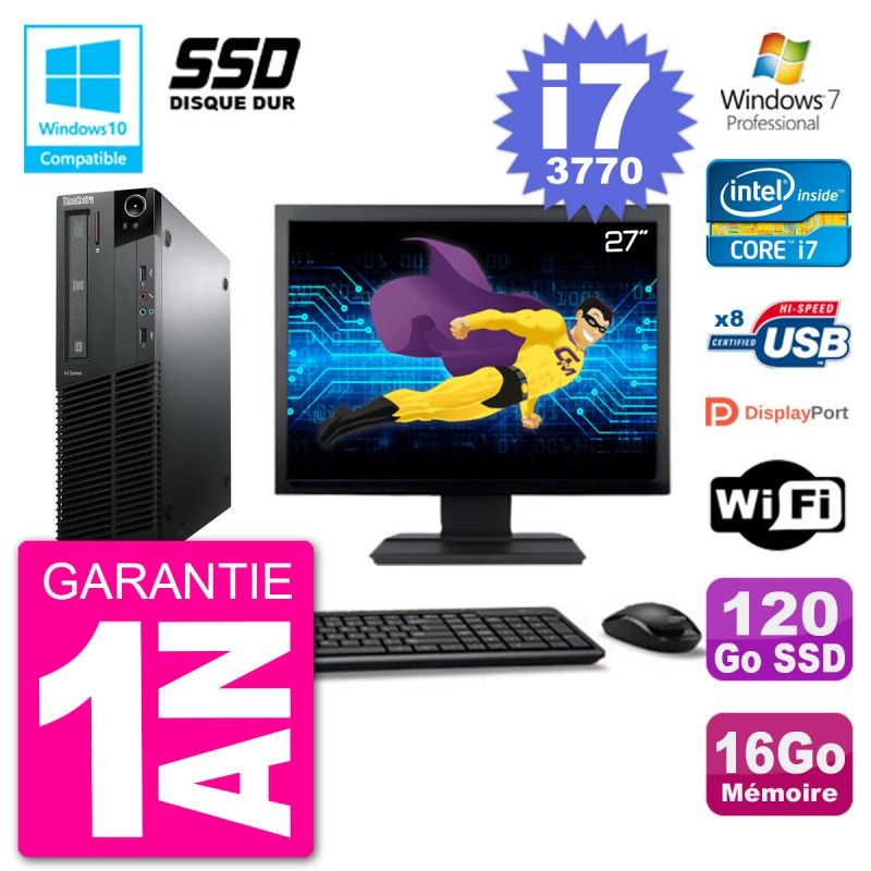 Lenovo M82 SFF Computer - 27" Screen, i7-3770, 16GB RAM, 120GB SSD, DVD Drive, WiFi, Windows 7 Pro