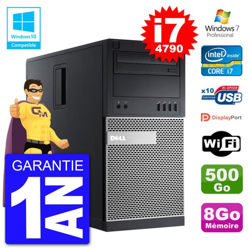 Dell Optiplex 9020 Tower PC - Intel Core i7-4790, 8GB RAM, 500GB HDD, DVD Burner, WiFi, Windows 7 Pro