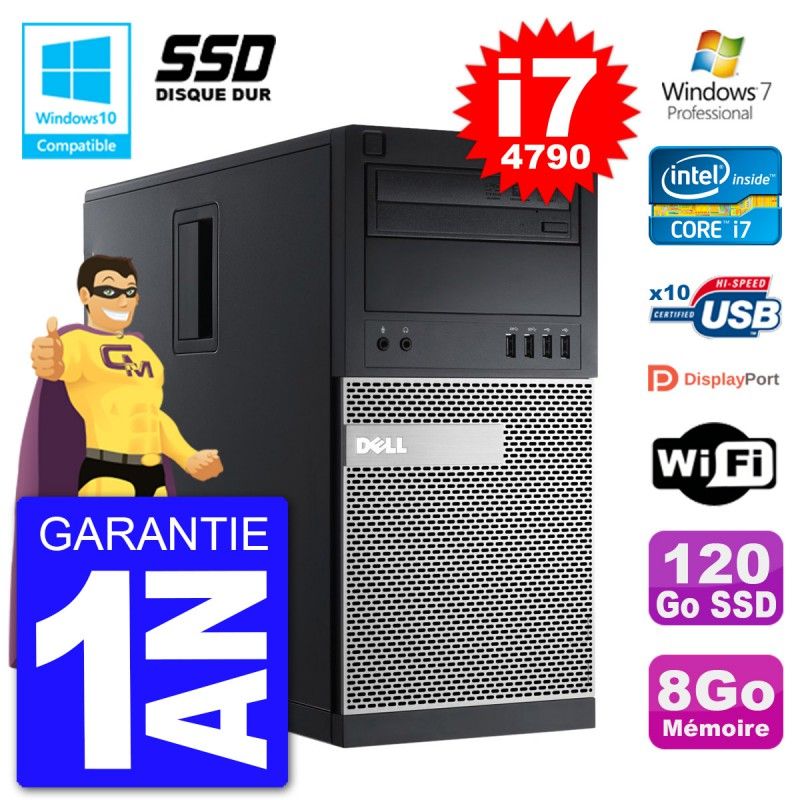 Computadora de escritorio Dell Optiplex 9020 - Procesador Intel Core i7-4790, 8 GB de RAM, 120 GB SSD, Grabadora de DVD, WiFi, Windows 7 Pro