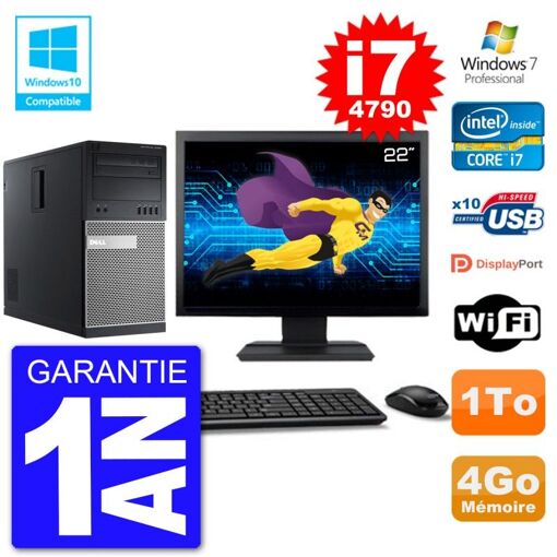 Dell Optiplex 9020 MT Desktop Computer, 22" Screen, Core i7-4790, 4GB RAM, 1TB HDD, DVD Burner, WiFi, Windows 7 Pro