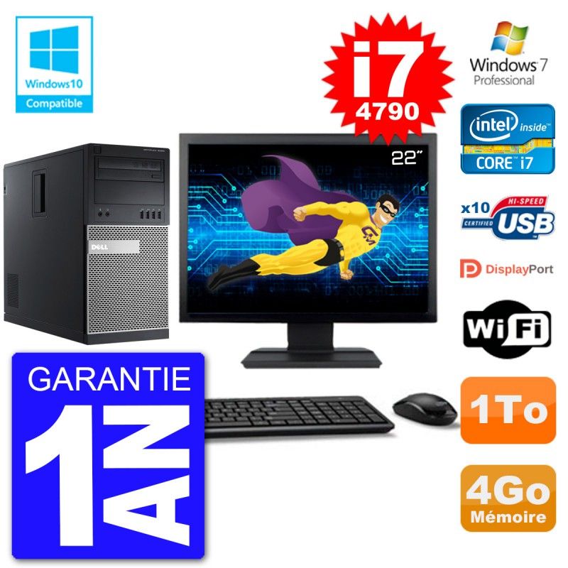 Dell Optiplex 9020 MT Desktop Computer, 22" Screen, Core i7-4790, 4GB RAM, 1TB HDD, DVD Burner, WiFi, Windows 7 Pro