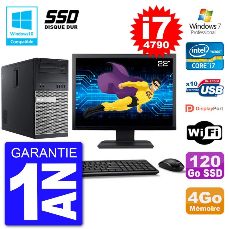 Dell Optiplex 9020 MT - Écran 22', Processeur Intel Core i7-4790, 4 Go de RAM, 120 Go SSD, Graveur DVD, Wifi, Windows 7 Pro