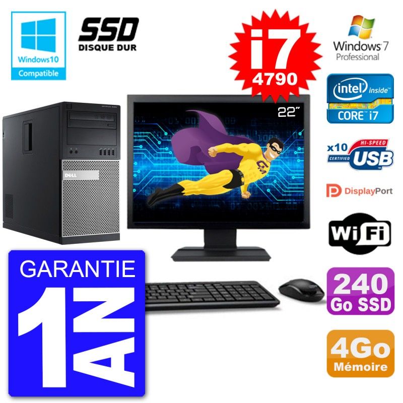 Dell Optiplex 9020 Desktop PC - 22" Screen, Core i7-4790, 4GB RAM, 240GB SSD, DVD Burner, Wifi