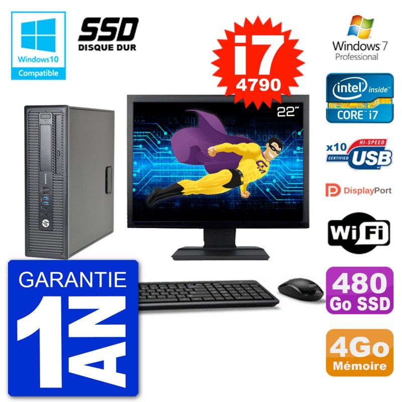 HP EliteDesk 800 G1 SFF Computer - 22" Screen, i7-4790, 4GB RAM, 480GB SSD, DVD Drive, Wifi, Windows 7 Pro