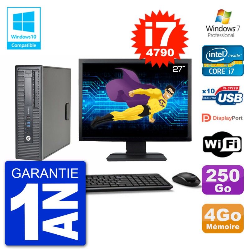 HP EliteDesk 800 G1 SFF Desktop PC - 27" Screen, i7-4790, 4GB RAM, 250GB HDD, DVD Drive, WiFi, Windows 7 Pro