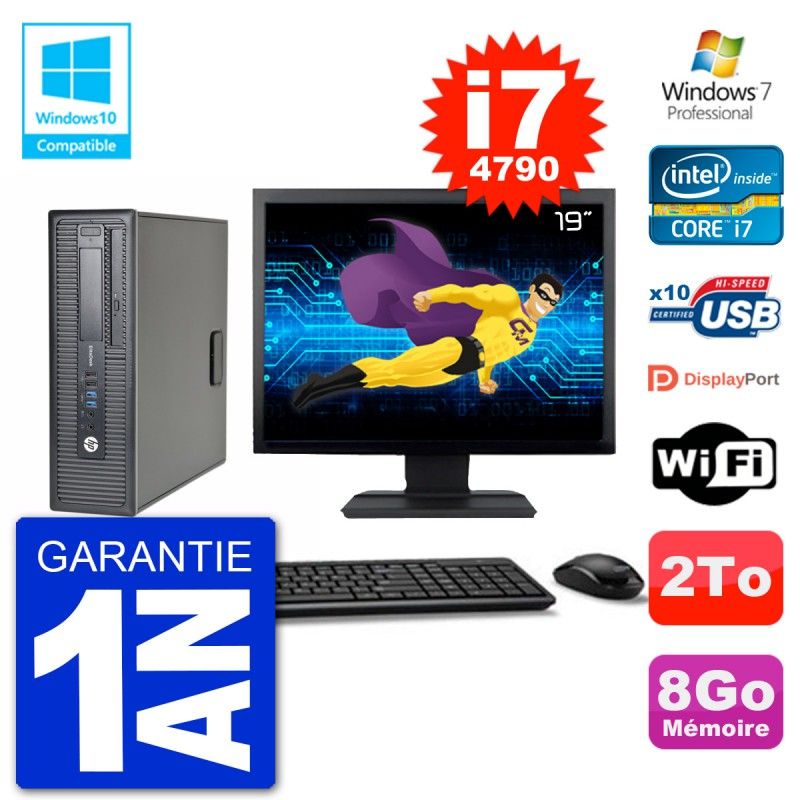 Ordinateur HP EliteDesk 800 G1 SFF - Écran 19'', Intel Core i7-4790, 8 Go de RAM, 2 To HDD, Lecteur DVD, Wifi