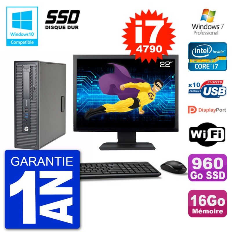 HP EliteDesk 800 G1 SFF Computer - 22" Screen, i7-4790, 16GB RAM, 960GB SSD, DVD Burner, WiFi