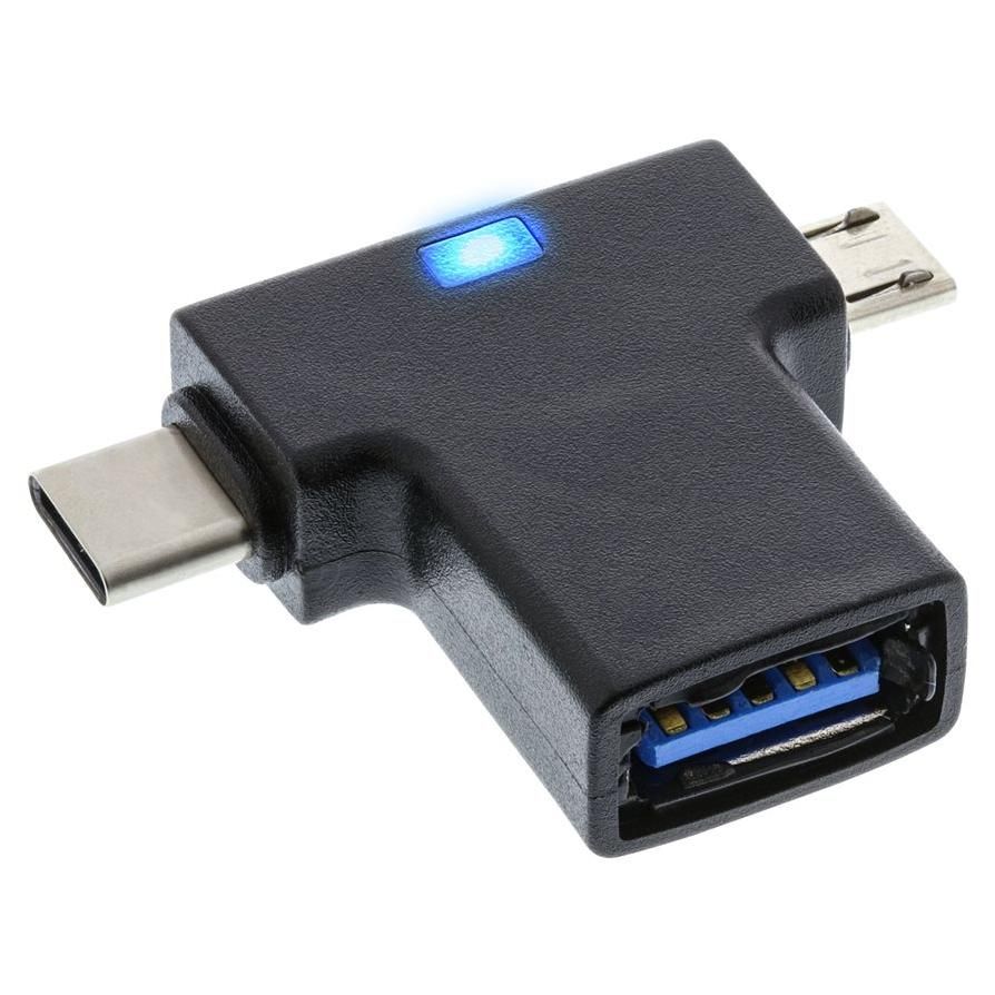 INTOS ELECTRONIC InLine USB Adapter - Inclined USB-C to USB Type A and Micro-USB B - USB 3.1 OTG, Power Delivery (3A, 60W) - Black