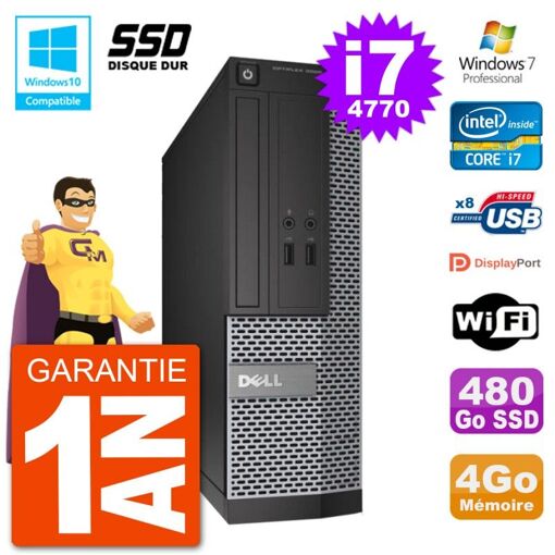 Dell Optiplex 3020 SFF Desktop PC - Intel i7-4770, 4GB RAM, 480GB SSD, DVD Burner, WiFi, Windows 7 Pro