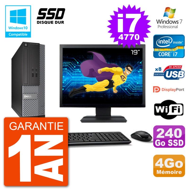 Dell Optiplex 3020 SFF Computer, 19" Screen, Intel i7-4770, 4GB RAM, 240GB SSD, DVD Drive, Wi-Fi, Windows 7 Pro