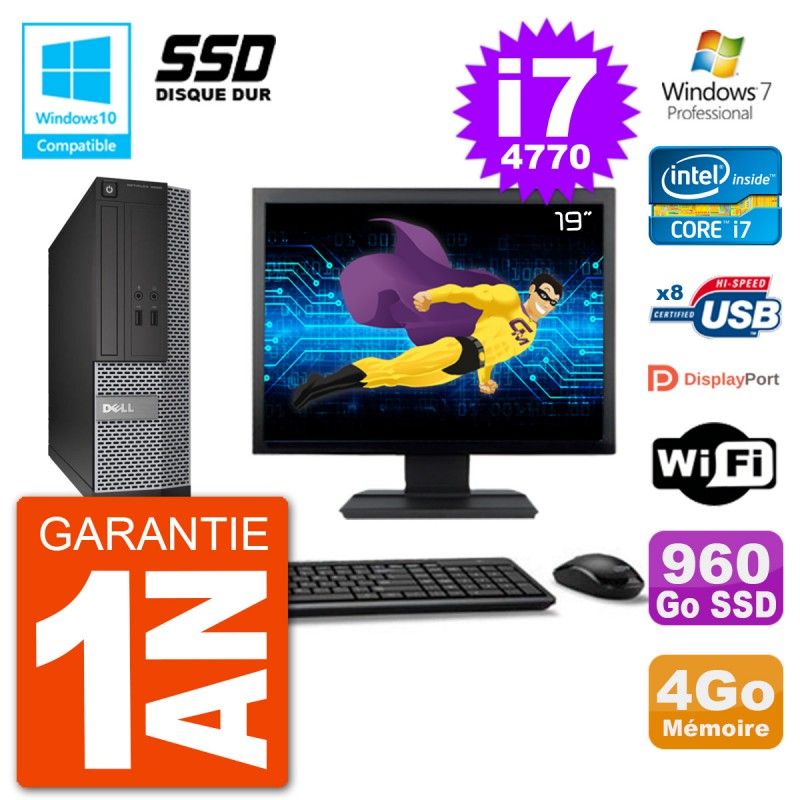 Dell Optiplex 3020 SFF Desktop PC - 19" Screen, Intel i7-4770, 4GB RAM, 960GB SSD, DVD Burner, WiFi