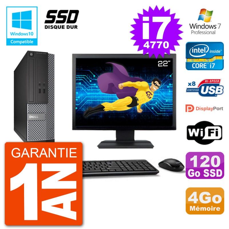 Dell Optiplex 3020 SFF Computer - 22" Screen, Intel i7-4770, 4GB RAM, 120GB SSD, DVD Drive, Wifi, Windows 7 Pro