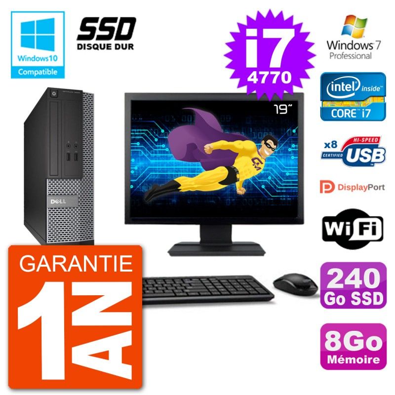 Dell Optiplex 3020 SFF PC - 19" Screen, Intel i7-4770, 8GB RAM, 240GB SSD, DVD Burner, Wifi