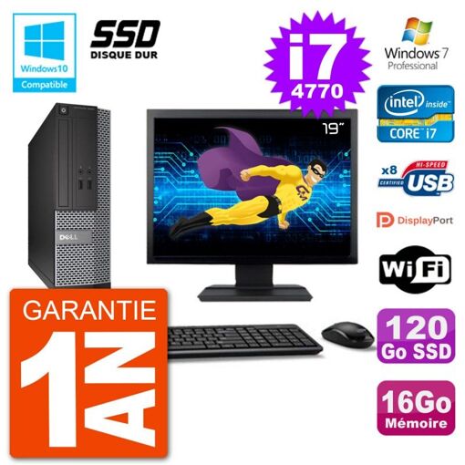 Dell Optiplex 3020 SFF Computer - 19" Screen, Intel i7-4770, 16GB RAM, 120GB SSD, DVD Burner, WiFi, Windows 7 Pro