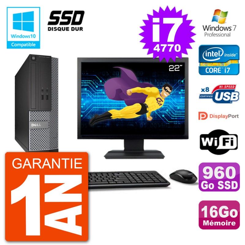 Dell Optiplex 3020 SFF PC - 22" Screen, Intel i7-4770, 16GB RAM, 960GB SSD, DVD Burner, WiFi