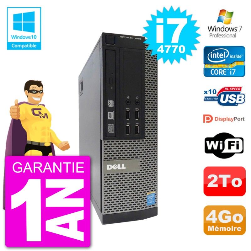 Dell 7020 SFF Desktop PC - Intel i7-4770, 4GB RAM, 2TB HDD, DVD Drive, WiFi, Windows 7 Pro
