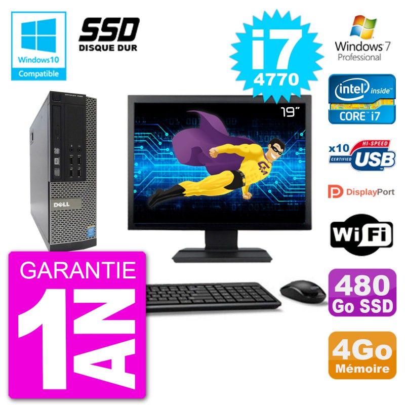 Dell Optiplex 7020 SFF Computer - 19" Screen, Intel i7-4770, 4GB RAM, 480GB SSD, DVD Burner, Wifi, Windows 7 Pro