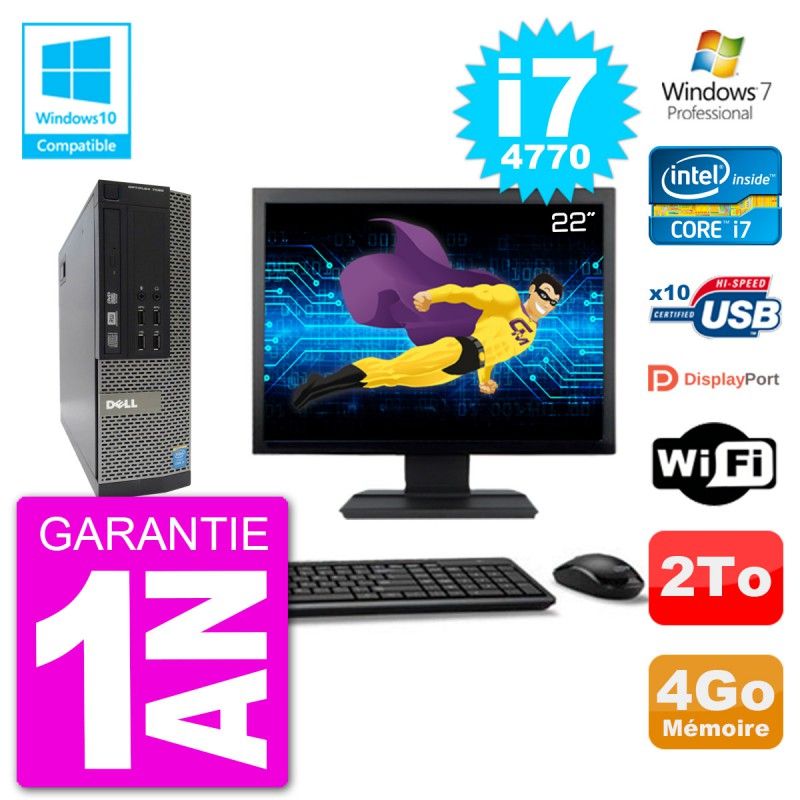 Dell Optiplex 7020 SFF Desktop PC - 22" Screen, Intel i7-4770, 4GB RAM, 2TB Hard Drive, DVD Burner, Wifi