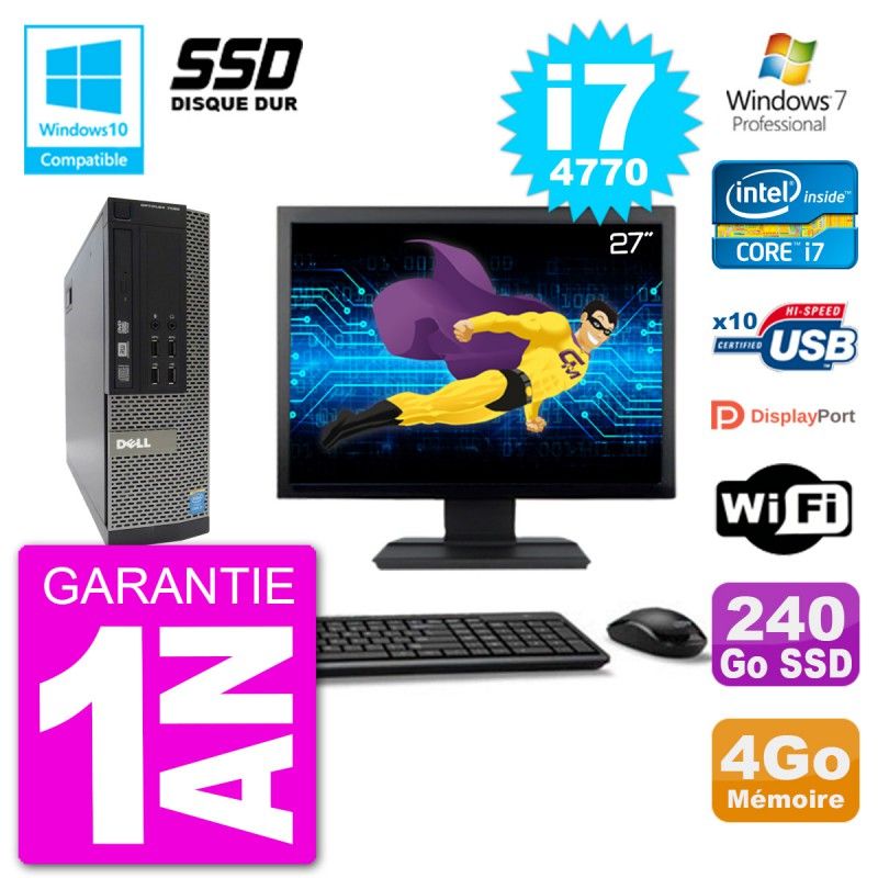 Dell Optiplex 7020 SFF PC - 27" Screen, Intel i7-4770, 4GB RAM, 240GB SSD, DVD Drive, Wifi, Windows 7 Pro
