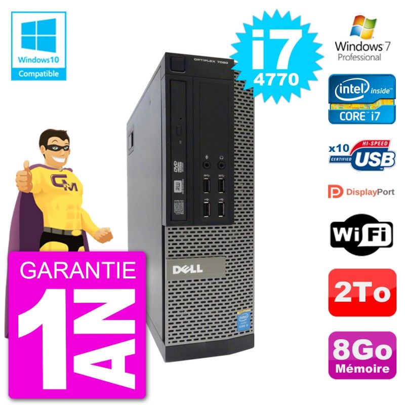 Dell Optiplex 7020 SFF PC - Intel i7-4770, 8GB RAM, 2TB HDD, DVD Drive, WiFi, Windows 7 Pro