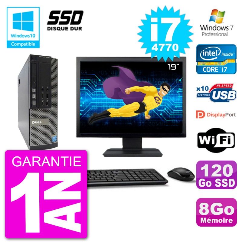 Dell Optiplex 7020 SFF Computer - 19" Screen, Intel i7-4770, 8GB RAM, 120GB SSD, DVD Burner, Wifi