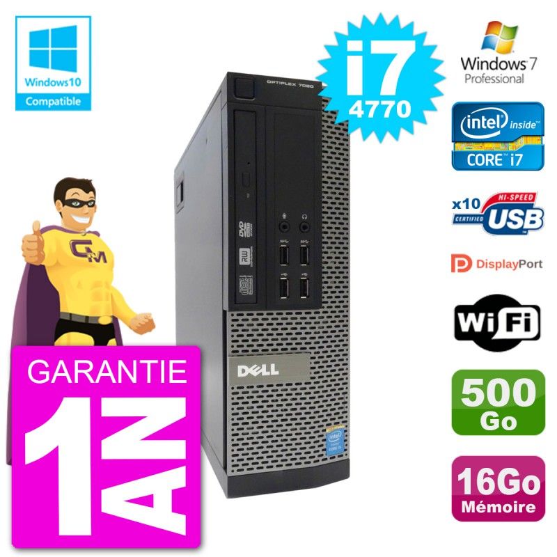 Dell Optiplex 7020 SFF Desktop PC - Intel i7-4770, 16GB RAM, 500GB HDD, DVD Burner, WiFi, Windows 7 Pro