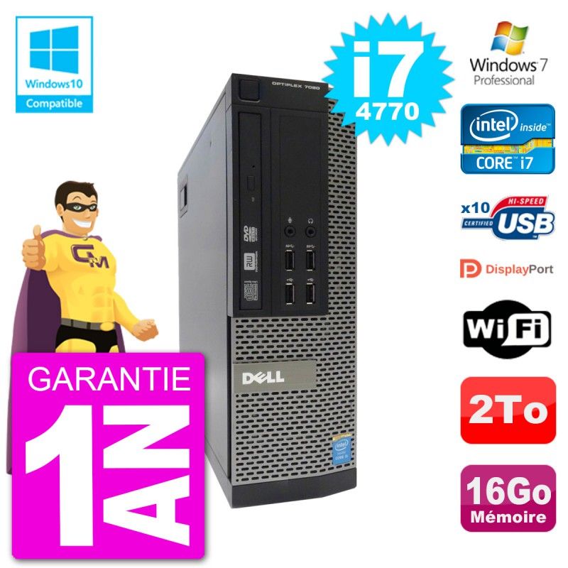 Dell Optiplex 7020 SFF Desktop PC - Intel Core i7-4770, 16GB RAM, 2TB HDD, DVD Drive, WiFi, Windows 7 Pro