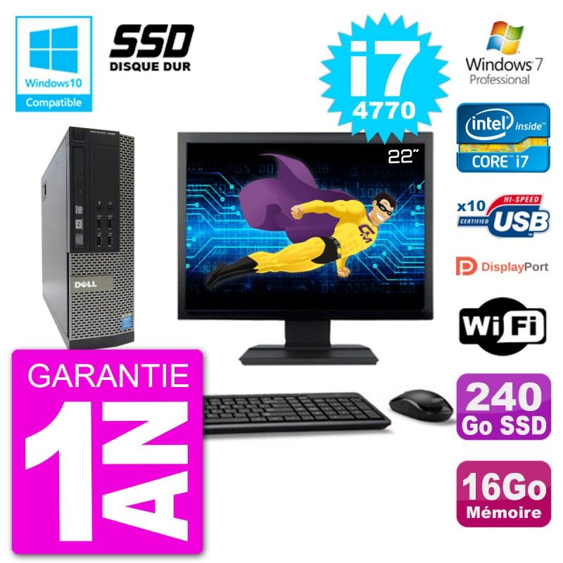 Dell Optiplex 7020 SFF Computer - 22" Screen, Intel i7-4770, 16GB RAM, 240GB SSD, DVD Burner, Wifi, Windows 7 Pro