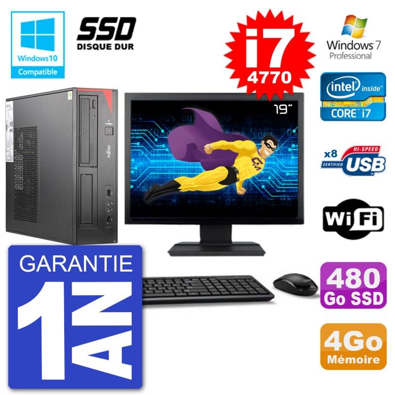 Fujitsu Esprimo E520 DT Desktop Computer - 19" Screen, i7-4770, 4GB RAM, 480GB SSD, DVD Drive, WiFi, Windows 7 Pro
