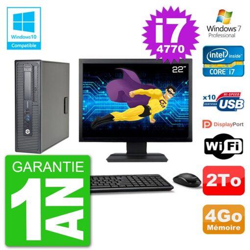 HP EliteDesk 800 G1 SFF Computer - 22" Screen, i7-4770, 4GB RAM, 2TB HDD, DVD Burner, Wifi