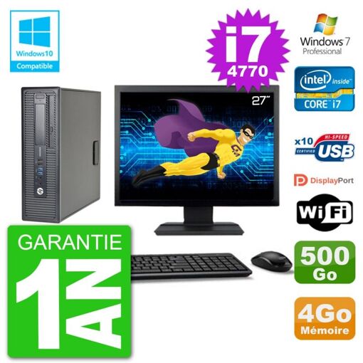 HP EliteDesk 800 G1 SFF Computer - 27" Screen, i7-4770, 4GB RAM, 500GB HDD, DVD Burner, WiFi
