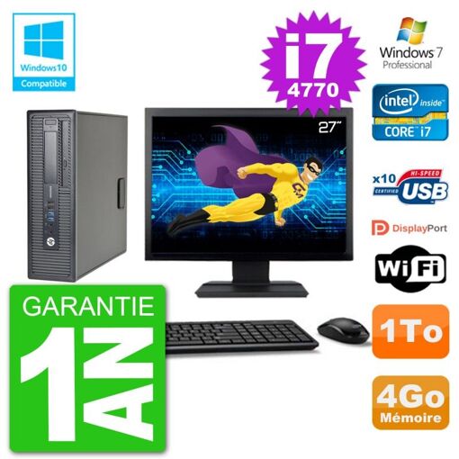 HP EliteDesk 800 G1 SFF Desktop PC - 27" Screen, i7-4770, 4GB RAM, 1TB HDD, DVD Drive, WiFi, Windows 7 Pro