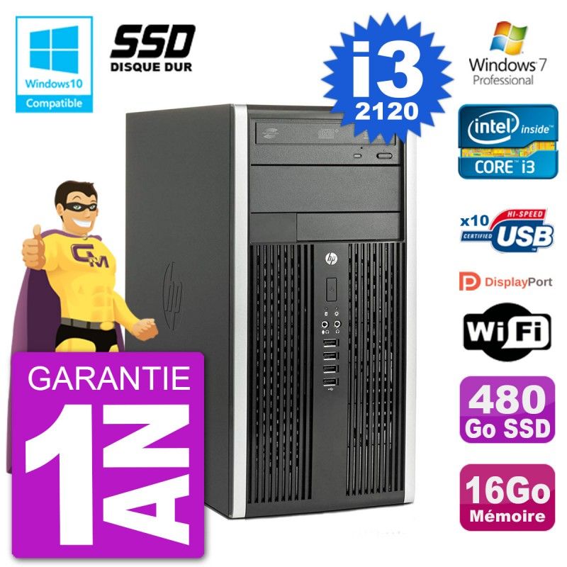 HP Compaq Pro 6300 MT Desktop Computer, Intel Core i3-2120, 16GB RAM, 480GB SSD, DVD Burner, WiFi, Windows 7 Pro