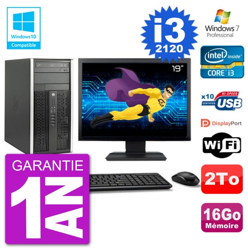 HP Compaq Pro 6300 MT Desktop PC - 19' Screen, Core i3-2120, 16GB RAM, 2TB HDD, DVD Drive, WiFi, Windows 7 Pro