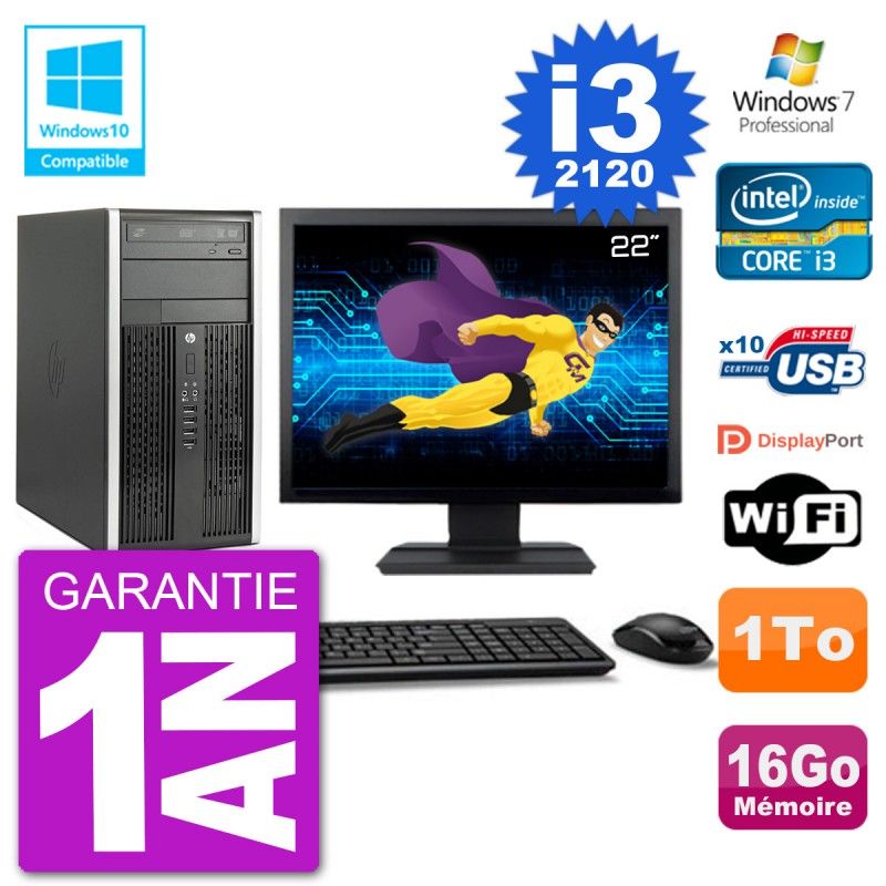 HP Compaq Pro 6300 MT Desktop PC - 22" Screen, Core i3-2120, 16GB RAM, 1TB HDD, DVD Drive, WiFi