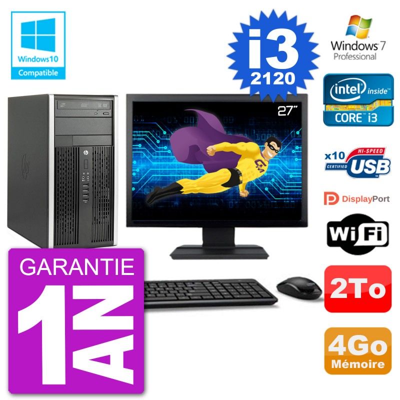 HP Compaq Pro 6300 MT Desktop PC - 27" Screen, Core i3-2120, 4GB RAM, 2TB HDD, DVD Burner, WiFi, Windows 7 Pro