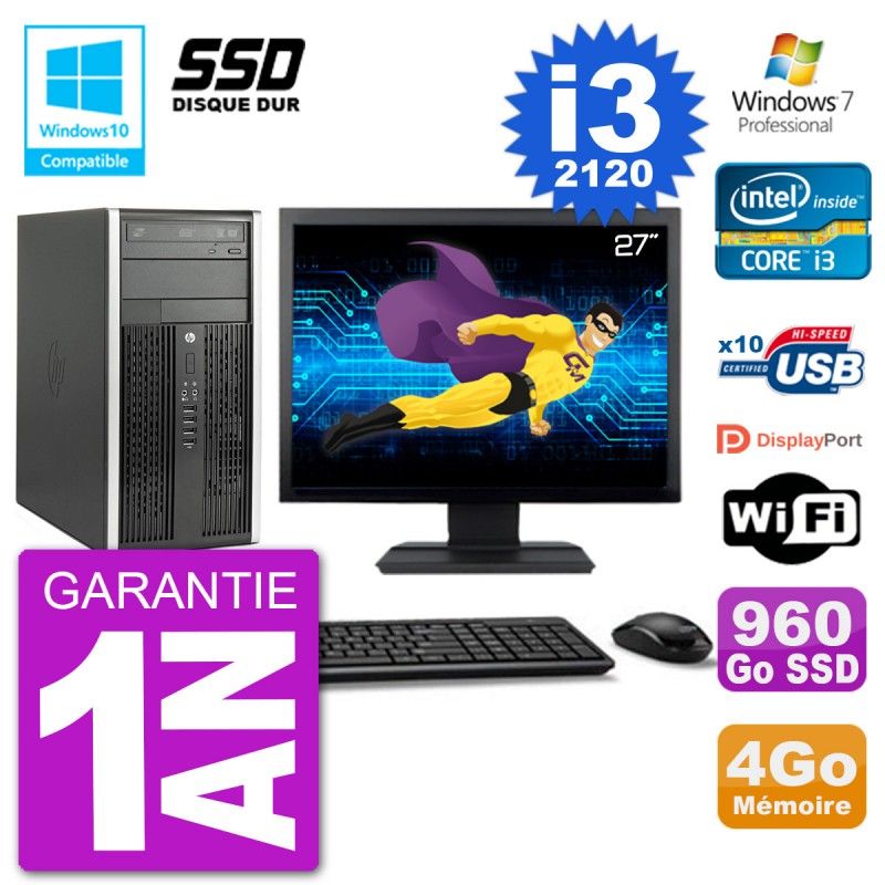 HP Compaq Pro 6300 MT Desktop PC - 27" Screen, Core i3-2120, 4GB RAM, 960GB SSD, DVD Burner, Wifi